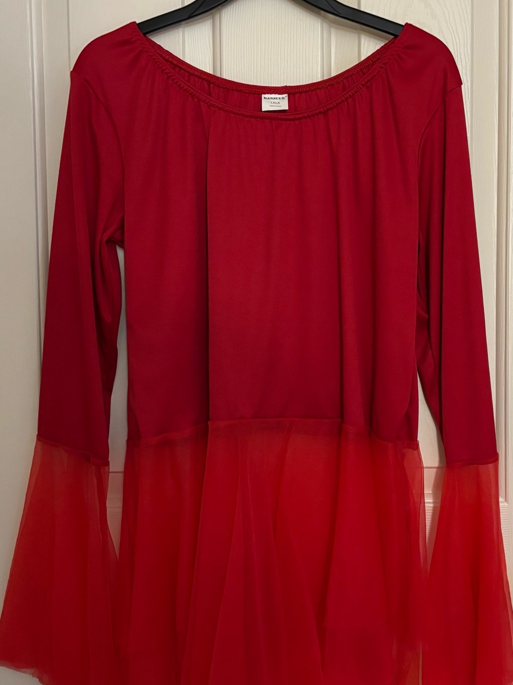 Praise Dance Attire by DANZCUE. Red Tulle Hem Women’s Tunic Top. L-XL